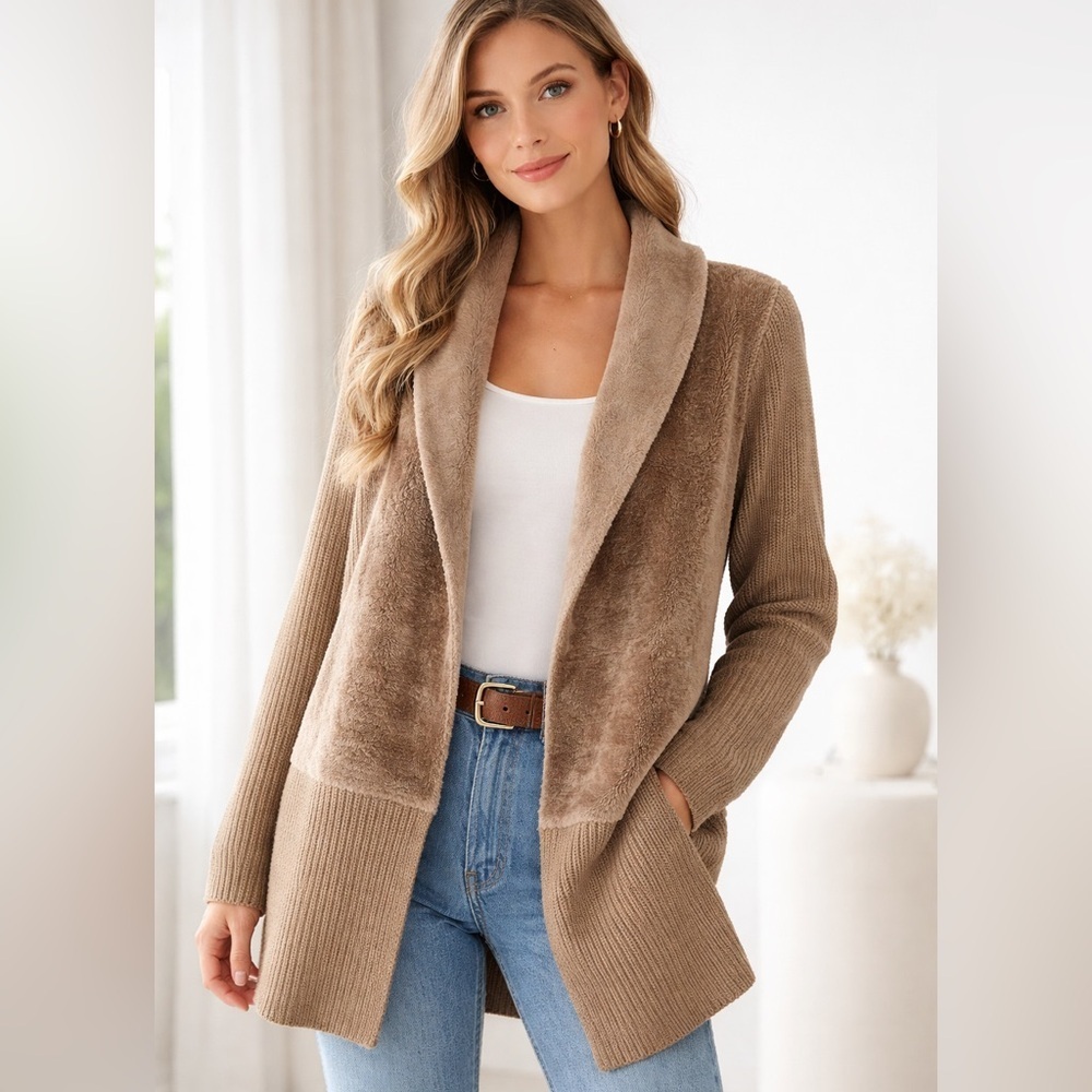 CENY Cardigan Sweater Women's Size Small Medium Brown Collared Faux Fur Ribbed